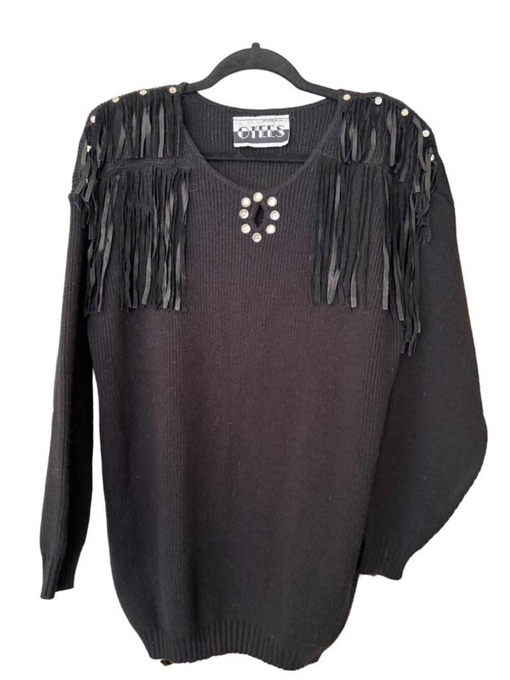 Women's Cowboy Core Black Fringe Embellished Sweater O/S Long Sleeve Western